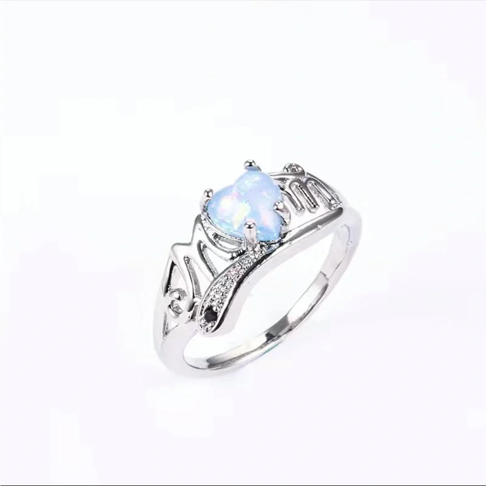 New 925 Silver MOM Delicate Opal Heart With MOM Letter Sweet Finger Ring - Picture 2 of 7